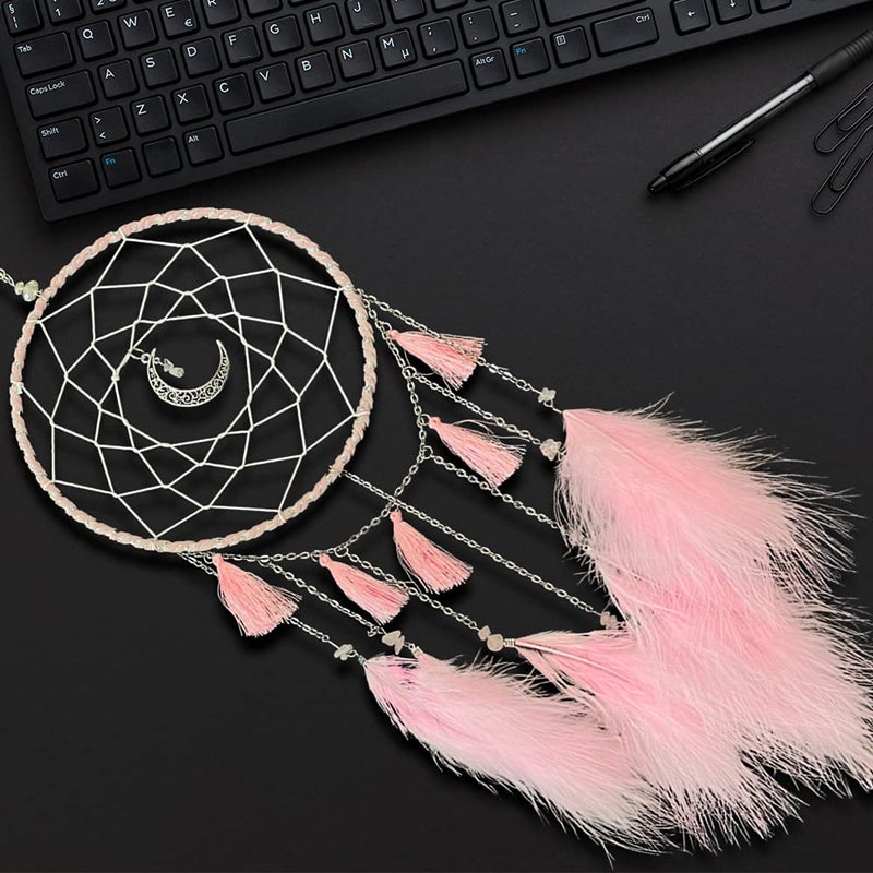 Awlee Dream Catcher Handmade Pink Feather Native American Circular Net for Boys Bedroom Wall Hanging Dream Catcher for Girls Kids Nursery Bedroom Decoration Blessing Gift (Pink) - Image 2